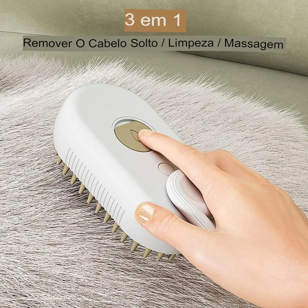Escova a Vapor 3 em 1 para Cães e Gatos — Spray Elétrico, Massagem e Remoção de Pelos