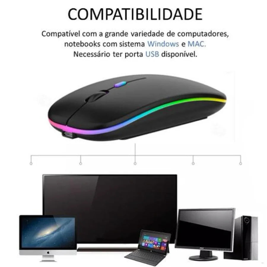 Mouse Sem Fio Óptico Silencioso Recarregável — LED RGB, 1600DPI, USB 2.4GHz