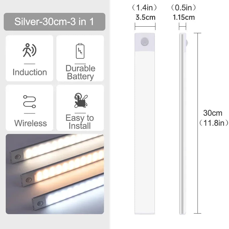 Luz LED com Sensor de Movimento Recarregável — 10 a 60cm para Armário, Quarto e Cozinha