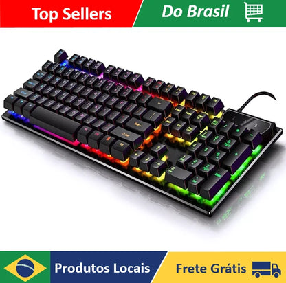 Teclado Gamer Semi-mecânico RGB — ABNT2, LED Retroiluminado, 107 Teclas