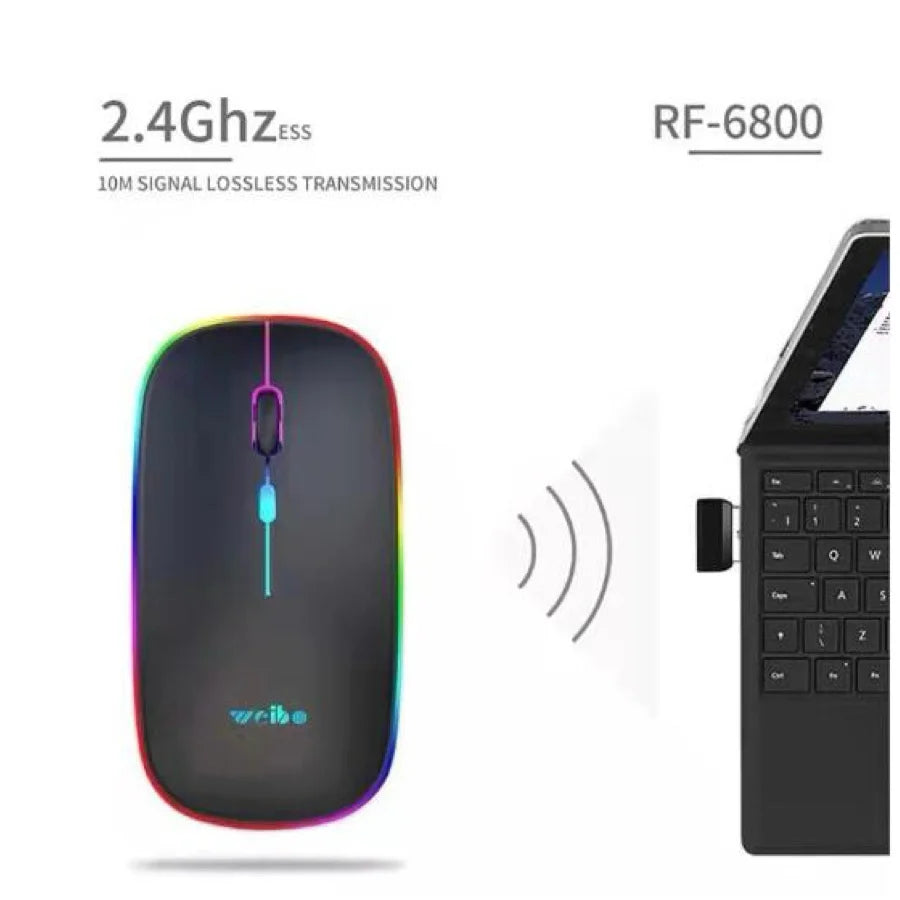 Mouse Sem Fio Óptico Silencioso Recarregável — LED RGB, 1600DPI, USB 2.4GHz