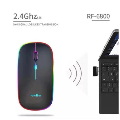 Mouse Sem Fio Óptico Silencioso Recarregável — LED RGB, 1600DPI, USB 2.4GHz