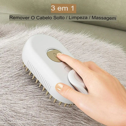 Escova a Vapor 3 em 1 para Cães e Gatos — Spray Elétrico, Massagem e Remoção de Pelos