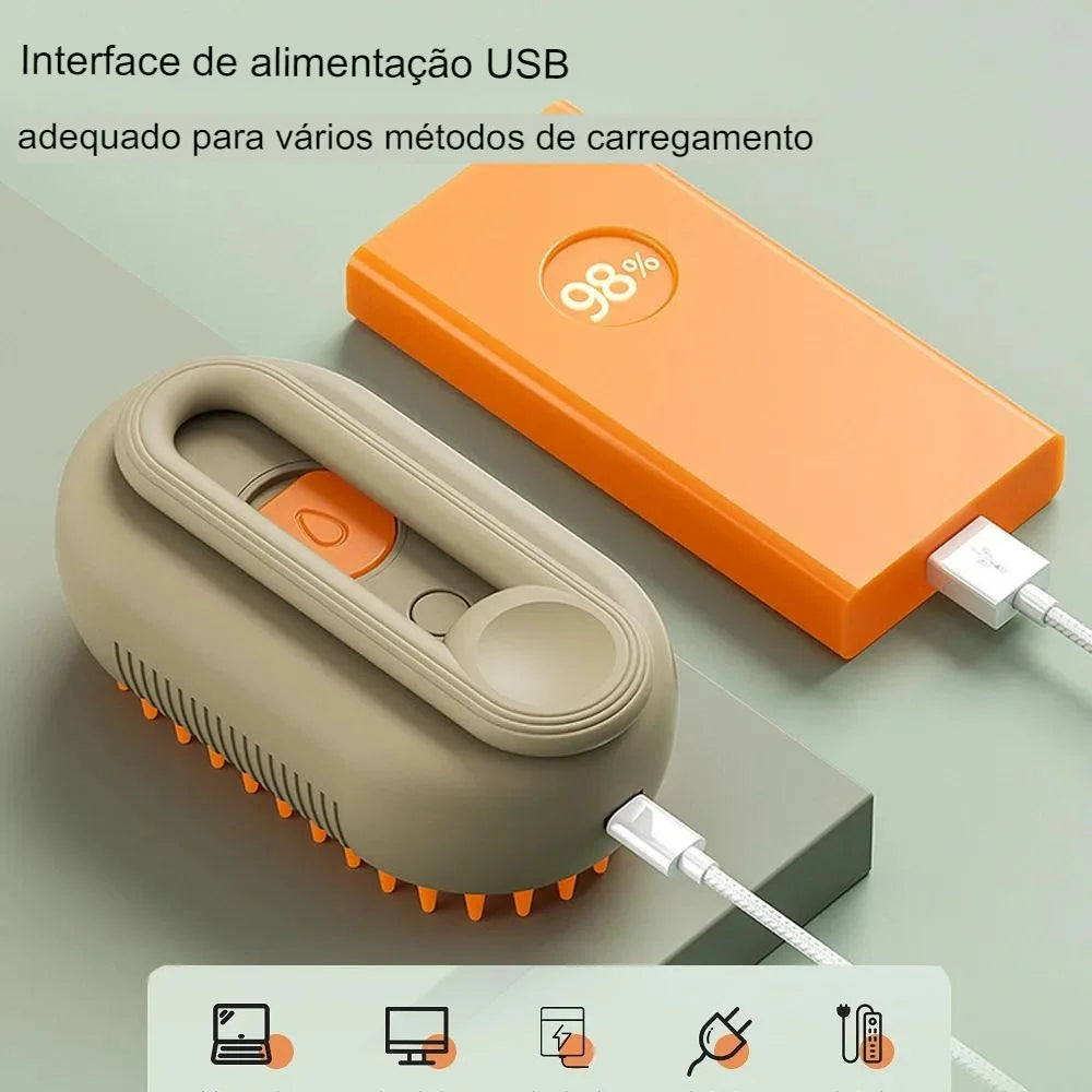 Escova a Vapor 3 em 1 para Cães e Gatos — Spray Elétrico, Massagem e Remoção de Pelos