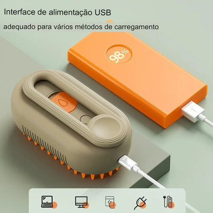 Escova a Vapor 3 em 1 para Cães e Gatos — Spray Elétrico, Massagem e Remoção de Pelos