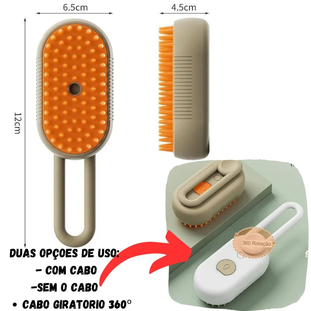 Escova a Vapor 3 em 1 para Cães e Gatos — Spray Elétrico, Massagem e Remoção de Pelos