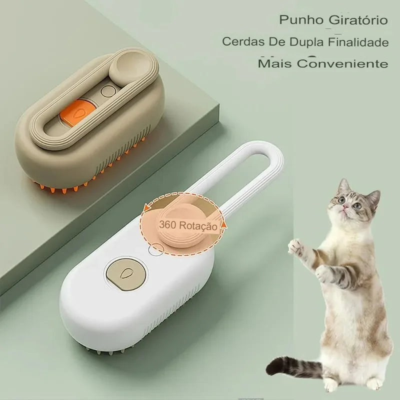 Escova a Vapor 3 em 1 para Cães e Gatos — Spray Elétrico, Massagem e Remoção de Pelos