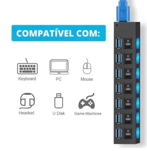 Hub USB 2.0 com 7 Portas — Expansor para PC e Notebook