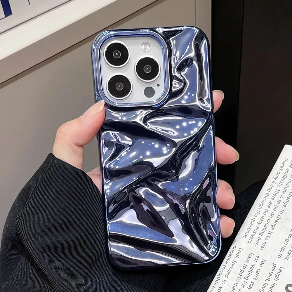 Luxury Electroplate Silvery 3D Wrinkle Phone Case For iphone 17 16 15 14 13 11 12 Pro Max 17Air Purple Water Ripple Soft Cover