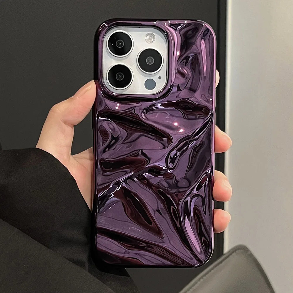 Luxury Electroplate Silvery 3D Wrinkle Phone Case For iphone 17 16 15 14 13 11 12 Pro Max 17Air Purple Water Ripple Soft Cover