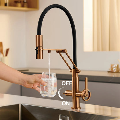 Torneira de Cozinha Industrial Bronze Escovado Ouro Rosé — Filtro Separado | Água Quente e Fria