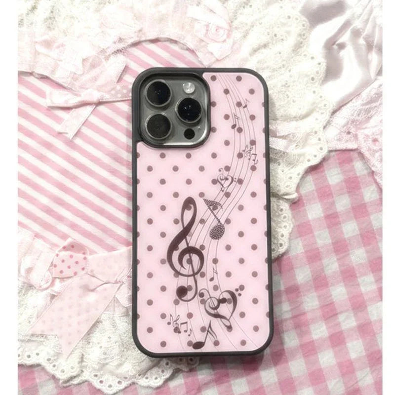 Korean ins Pink Brown Polka Dot Girl Heart Music Note Phone Case For iPhone 17 16 15 14 13 12 11 Pro XR Max 8 7 Plus Y2K Cover