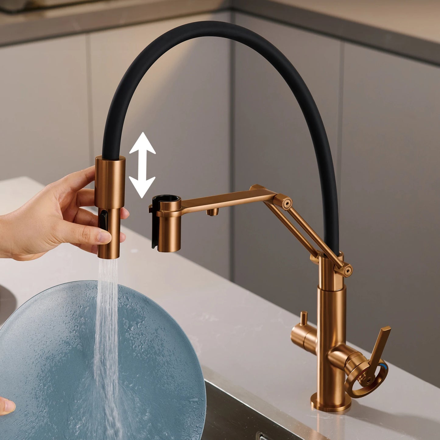Torneira de Cozinha Industrial Bronze Escovado Ouro Rosé — Filtro Separado | Água Quente e Fria