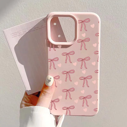 White And Pink Bow Love Heart Print Phone Case For iPhone 17 16 15 Pro Max 14 13 12 11 16 15 Plus 17 Air Shockproof Bumper Cover