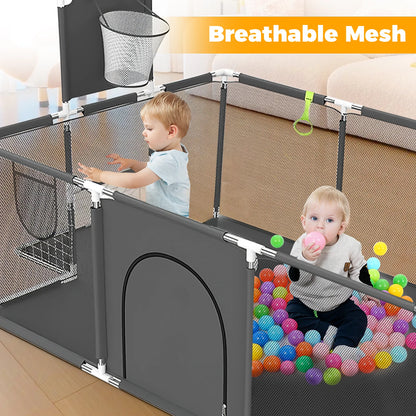 Baby Playpen with Breathable Net, with Basketball Basket and Football Frame, Foldable Activity Centre For Baby, 182 x 122 cm