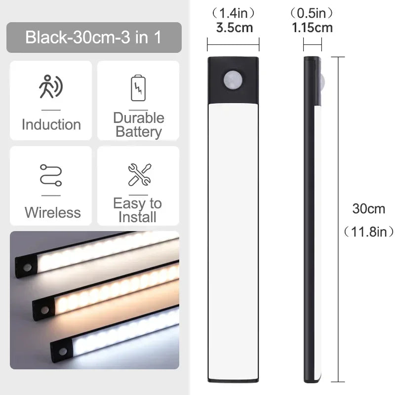Luz LED com Sensor de Movimento Recarregável — 10 a 60cm para Armário, Quarto e Cozinha