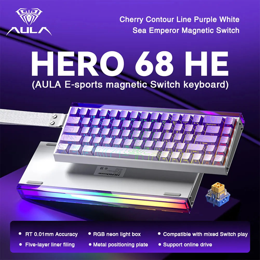 Teclado Gamer AULA HERO 68HE — Switch Magnético, Rapid Trigger 8K, RGB, Wired