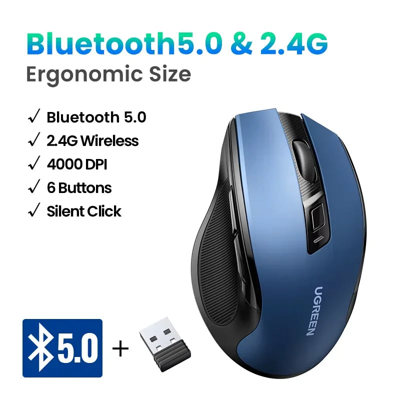 Mouse Sem Fio UGREEN — Bluetooth 5.0 + 2.4G, 4000DPI, 6 Botões Silenciosos
