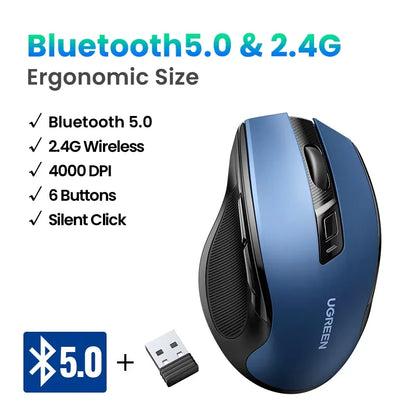Mouse Sem Fio UGREEN — Bluetooth 5.0 + 2.4G, 4000DPI, 6 Botões Silenciosos