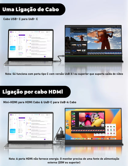 Monitor Portátil Amoudo 15,6" Full HD — IPS 1080P, USB-C, Mini HDMI, Tela Extendida