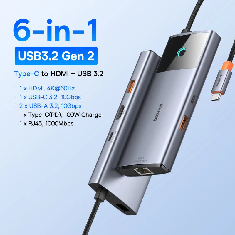 Hub USB-C Baseus 10 em 1 — Dual HDMI 8K+4K, USB 3.2 10Gbps, RJ45, SD/TF, PD 100W