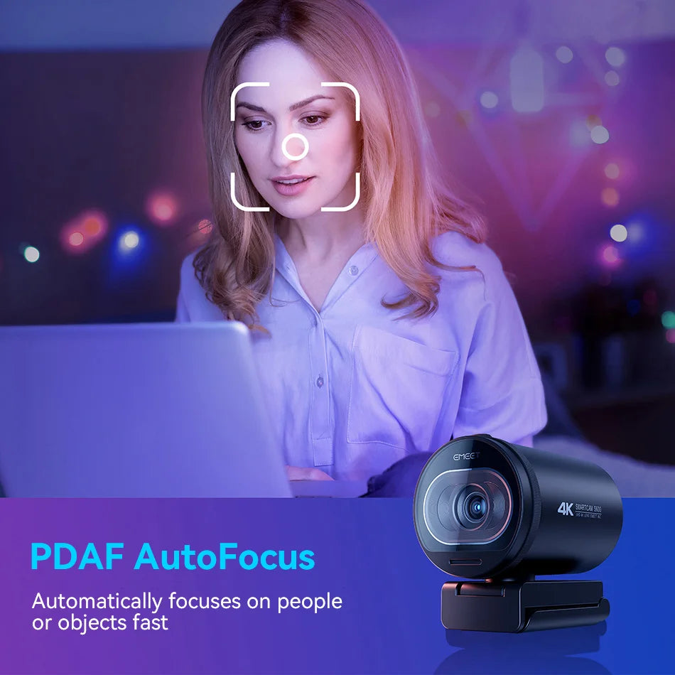 Webcam 4K EMEET S600 — Autofoco, 1080P 60FPS, USB, Microfones Integrados para Streaming