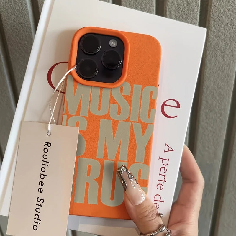 For iPhone 17 Pro Max 16 15 14 13 12 11 XS X XR 7 8 16 Plus 17 Air Phone Case MUSIC IS MY DRUG Pattern Lychee Texture Soft Cover