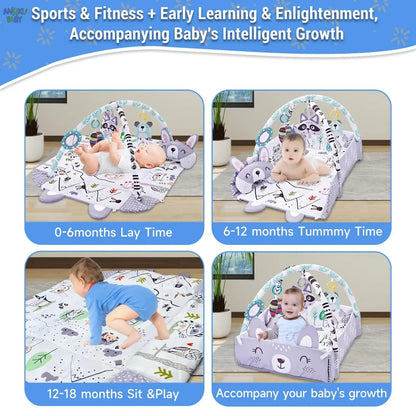 4 in 1 Baby Gym Tummy Time Play Mat Foldable Baby Play Gym with Mirror & Pillow Thickened Gym for Babies 0-36 M Educational Toy