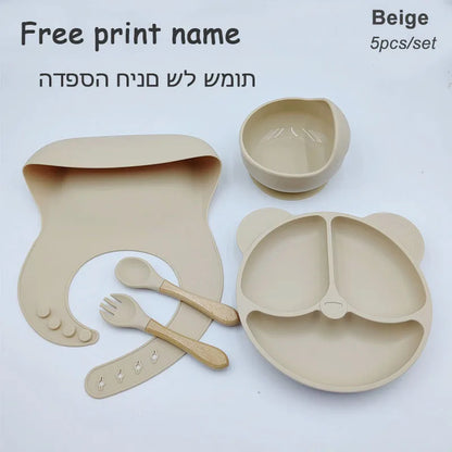 8Pcs/5Pcs Silicone Tableware For Kids Baby Feeding Set Cartoon Plate Personalized Name Sucker Cup Plate Bowl Bib Newborn Gift