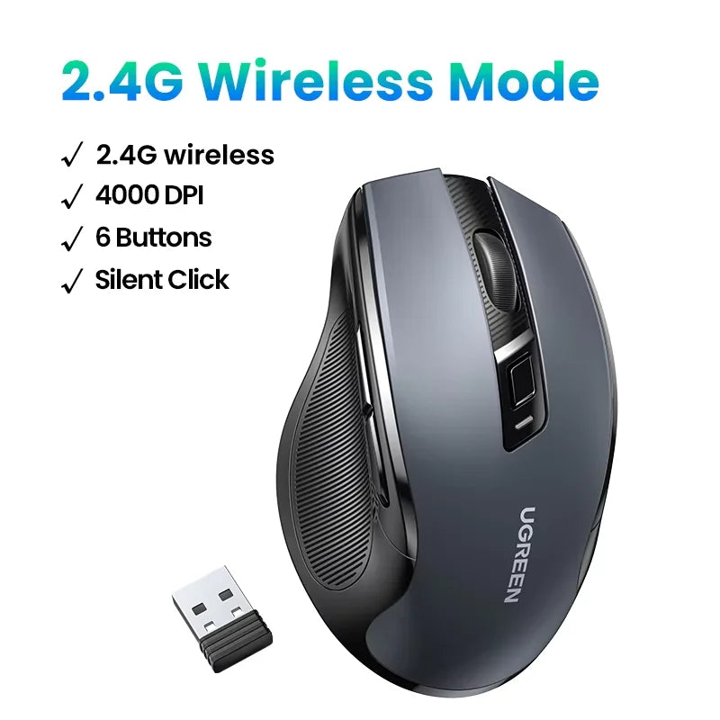 Mouse Sem Fio UGREEN — Bluetooth 5.0 + 2.4G, 4000DPI, 6 Botões Silenciosos