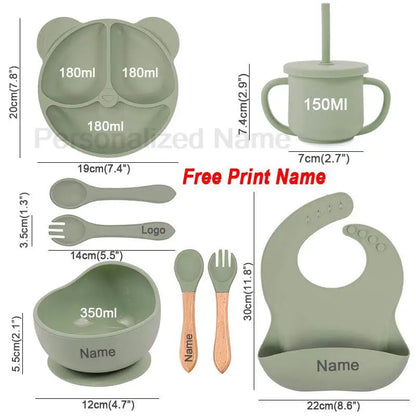 8Pcs/5Pcs Silicone Tableware For Kids Baby Feeding Set Cartoon Plate Personalized Name Sucker Cup Plate Bowl Bib Newborn Gift