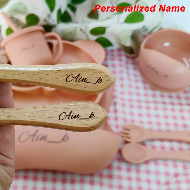 8Pcs/5Pcs Silicone Tableware For Kids Baby Feeding Set Cartoon Plate Personalized Name Sucker Cup Plate Bowl Bib Newborn Gift