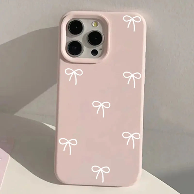 White And Pink Bow Love Heart Print Phone Case For iPhone 17 16 15 Pro Max 14 13 12 11 16 15 Plus 17 Air Shockproof Bumper Cover