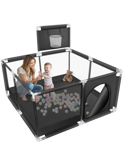 ANGDUO Baby Playpen Large 50 inch Baby Playard with Basketball Hoop and Breathable Mesh Baby Fence Game Center for Kids Black