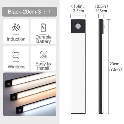 Luz LED com Sensor de Movimento Recarregável — 10 a 60cm para Armário, Quarto e Cozinha
