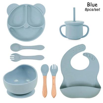 8Pcs/5Pcs Silicone Tableware For Kids Baby Feeding Set Cartoon Plate Personalized Name Sucker Cup Plate Bowl Bib Newborn Gift