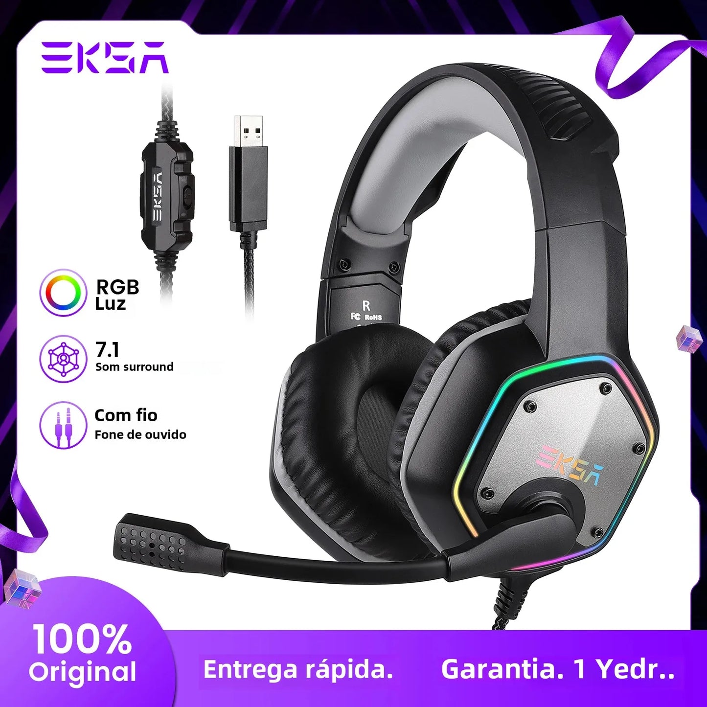 EKSA E1000 Wired Gaming Headphones  Esports Headset  7.1 Surround Sound  Hyperclear Cardioid Mic  For PS4 PS5 Xbox Laptop