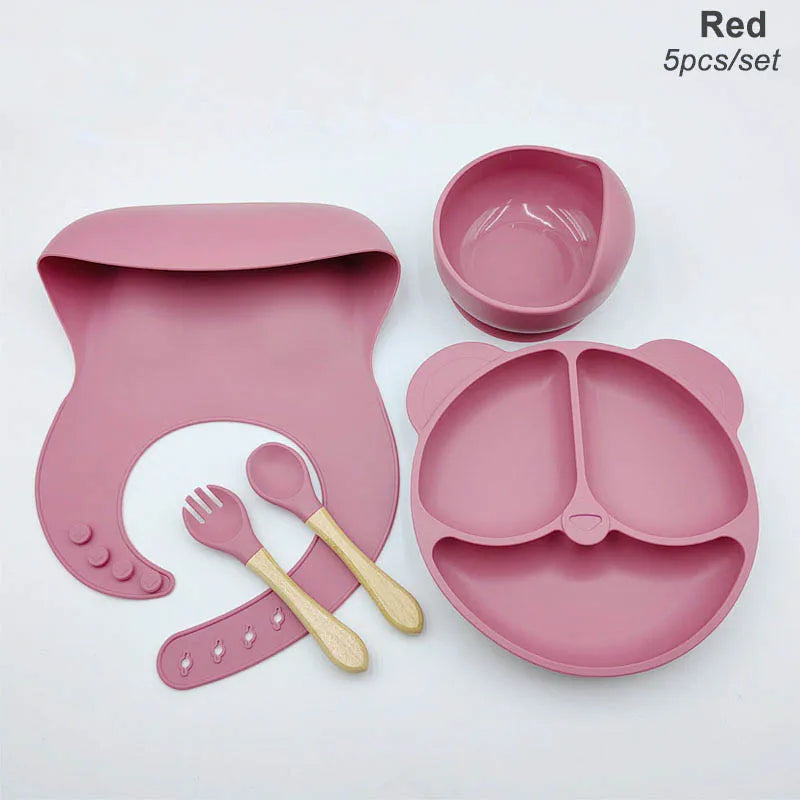 8Pcs/5Pcs Silicone Tableware For Kids Baby Feeding Set Cartoon Plate Personalized Name Sucker Cup Plate Bowl Bib Newborn Gift