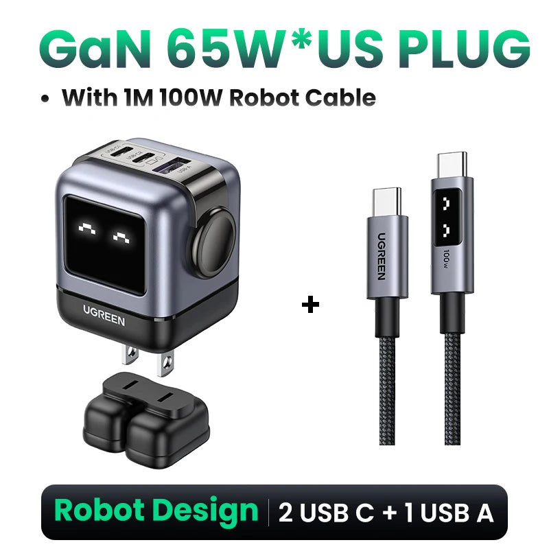 Carregador UGREEN 65W GaN Design Uno Robot — PD 3.0 | iPhone 17, MacBook e Xiaomi