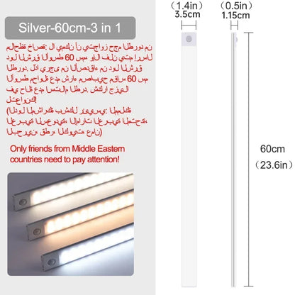 Luz LED com Sensor de Movimento Recarregável — 10 a 60cm para Armário, Quarto e Cozinha