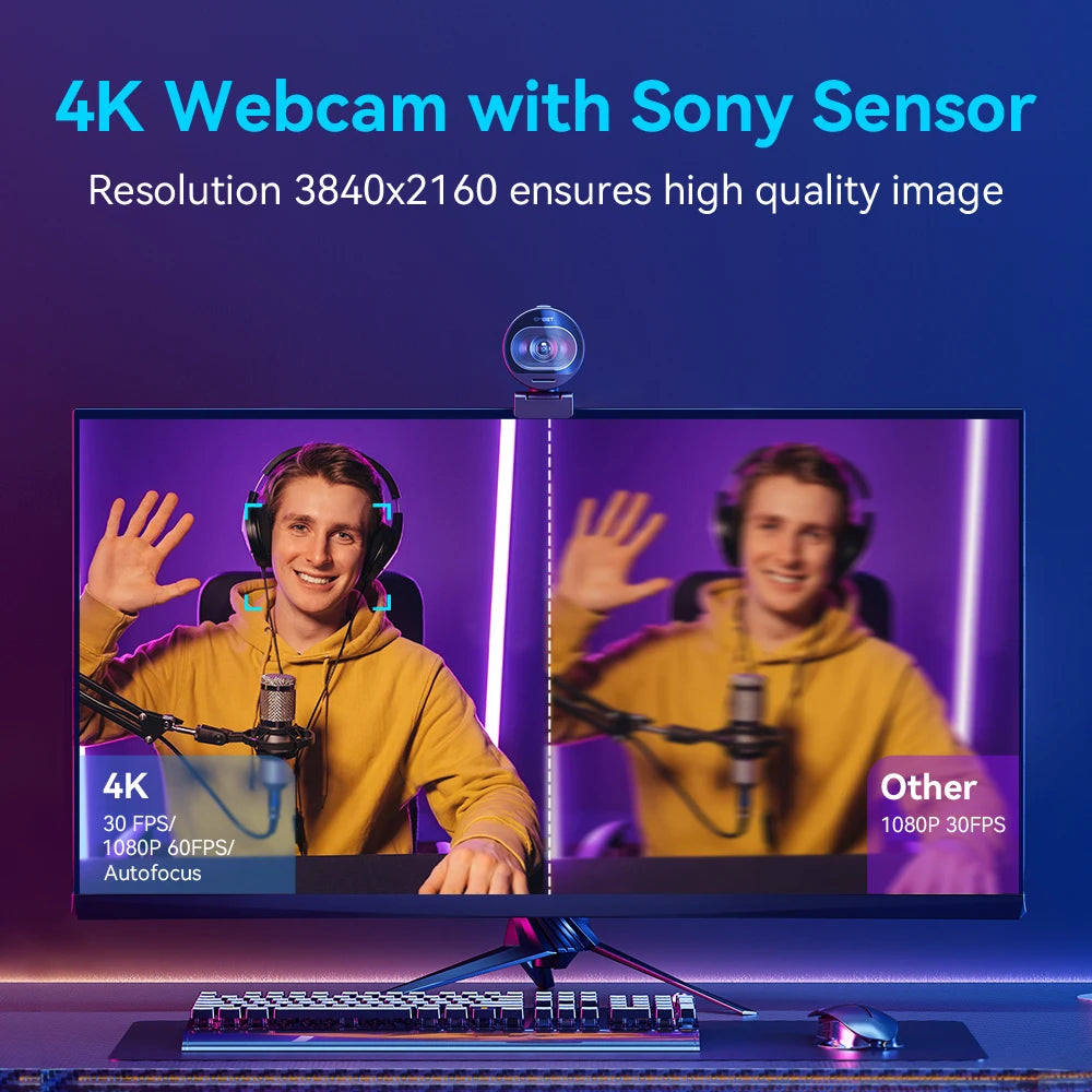Webcam 4K EMEET S600 — Autofoco, 1080P 60FPS, USB, Microfones Integrados para Streaming