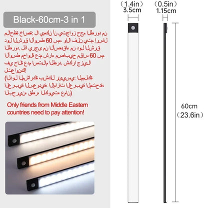 Luz LED com Sensor de Movimento Recarregável — 10 a 60cm para Armário, Quarto e Cozinha