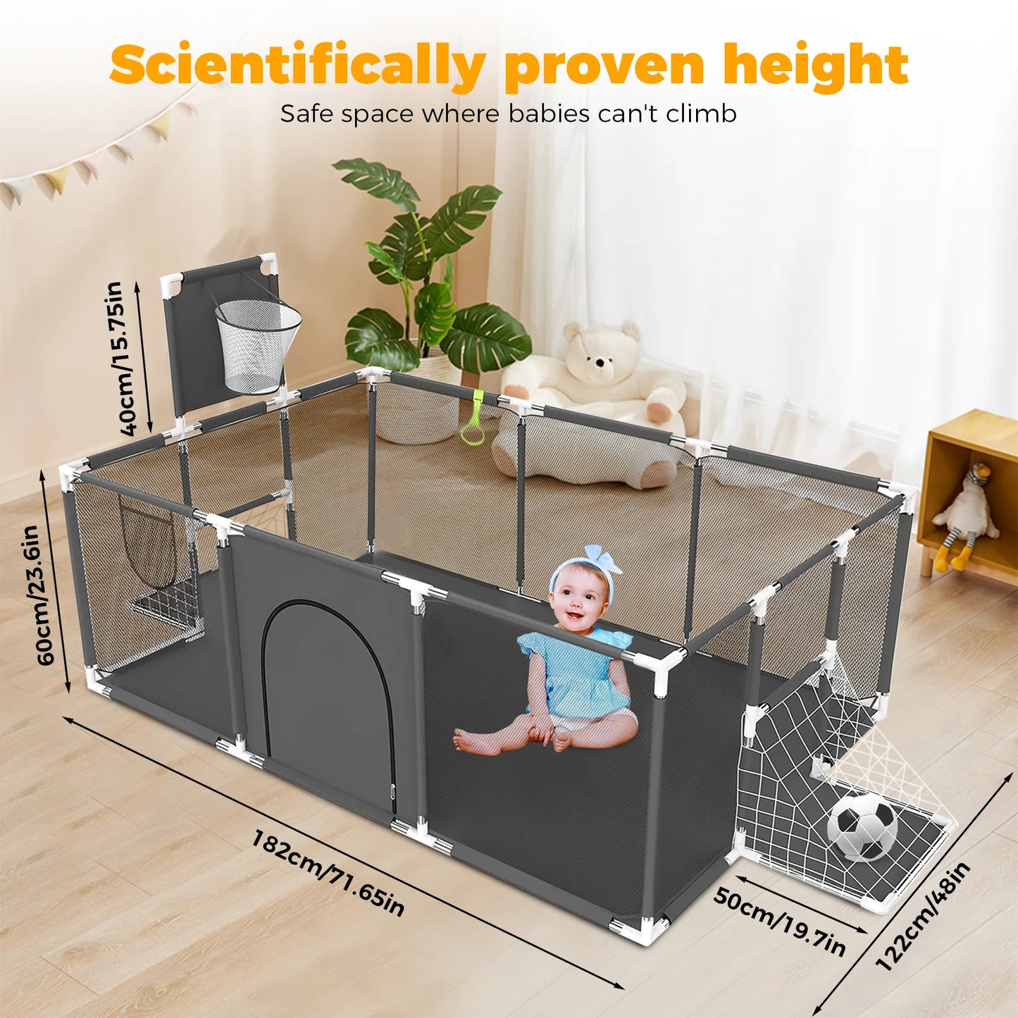 Baby Playpen with Breathable Net, with Basketball Basket and Football Frame, Foldable Activity Centre For Baby, 182 x 122 cm