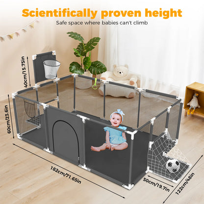 Baby Playpen with Breathable Net, with Basketball Basket and Football Frame, Foldable Activity Centre For Baby, 182 x 122 cm