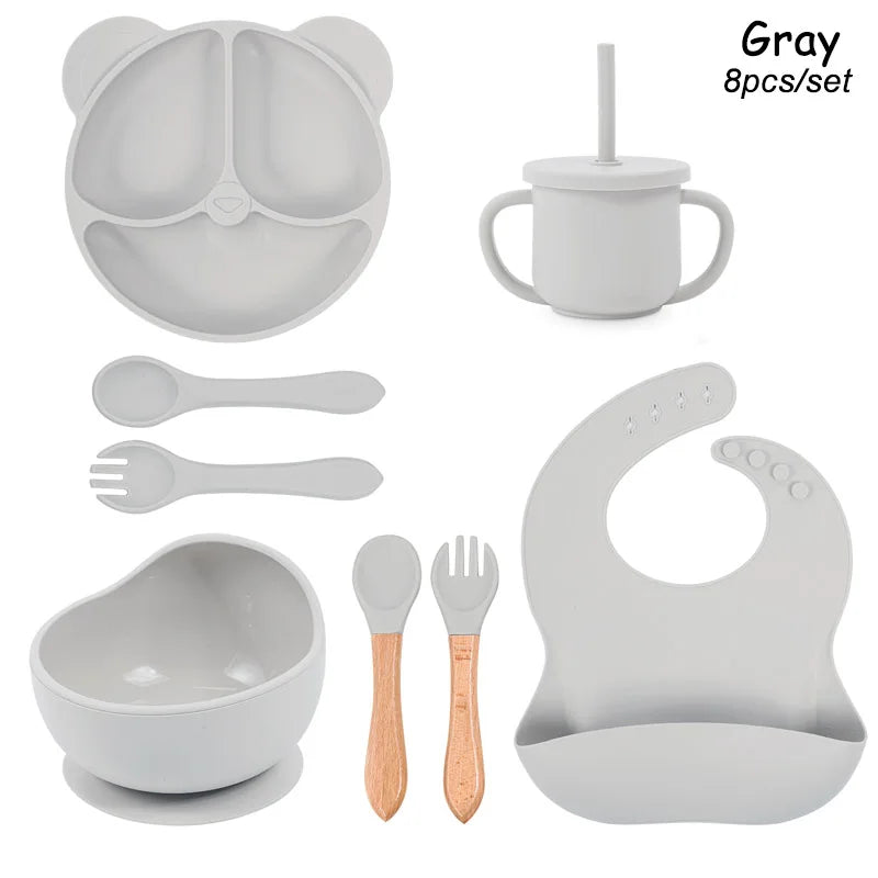 8Pcs/5Pcs Silicone Tableware For Kids Baby Feeding Set Cartoon Plate Personalized Name Sucker Cup Plate Bowl Bib Newborn Gift