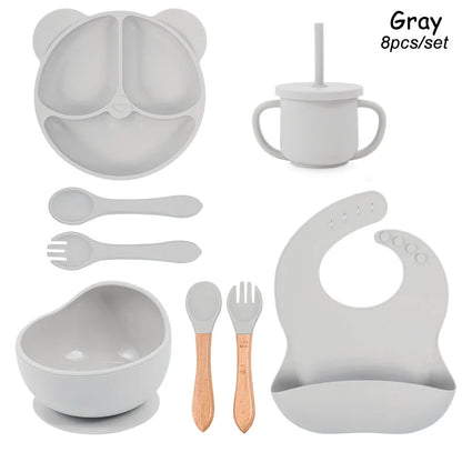 8Pcs/5Pcs Silicone Tableware For Kids Baby Feeding Set Cartoon Plate Personalized Name Sucker Cup Plate Bowl Bib Newborn Gift