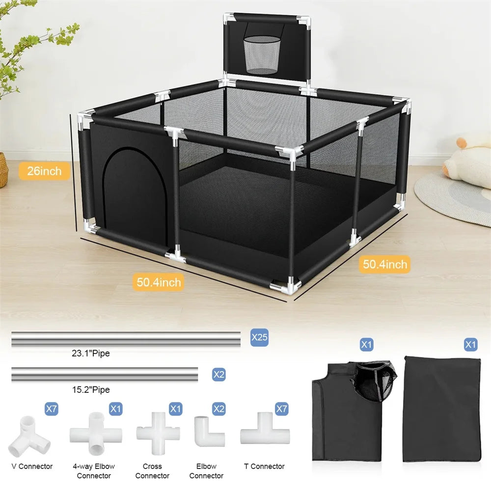 ANGDUO Baby Playpen Large 50 inch Baby Playard with Basketball Hoop and Breathable Mesh Baby Fence Game Center for Kids Black