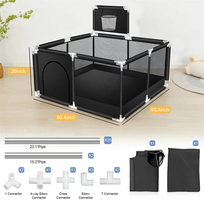 ANGDUO Baby Playpen Large 50 inch Baby Playard with Basketball Hoop and Breathable Mesh Baby Fence Game Center for Kids Black
