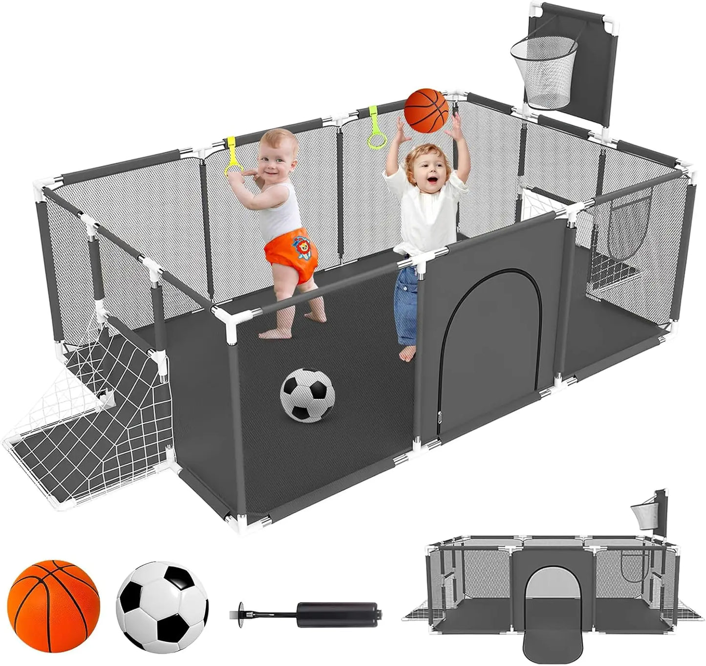 Baby Playpen with Breathable Net, with Basketball Basket and Football Frame, Foldable Activity Centre For Baby, 182 x 122 cm