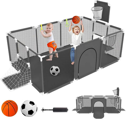 Baby Playpen with Breathable Net, with Basketball Basket and Football Frame, Foldable Activity Centre For Baby, 182 x 122 cm